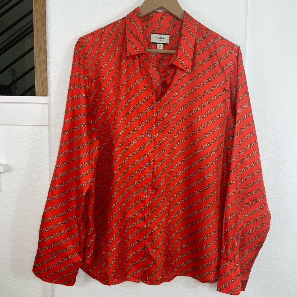 J. Crew Red Patterned Button-Up Blouse
